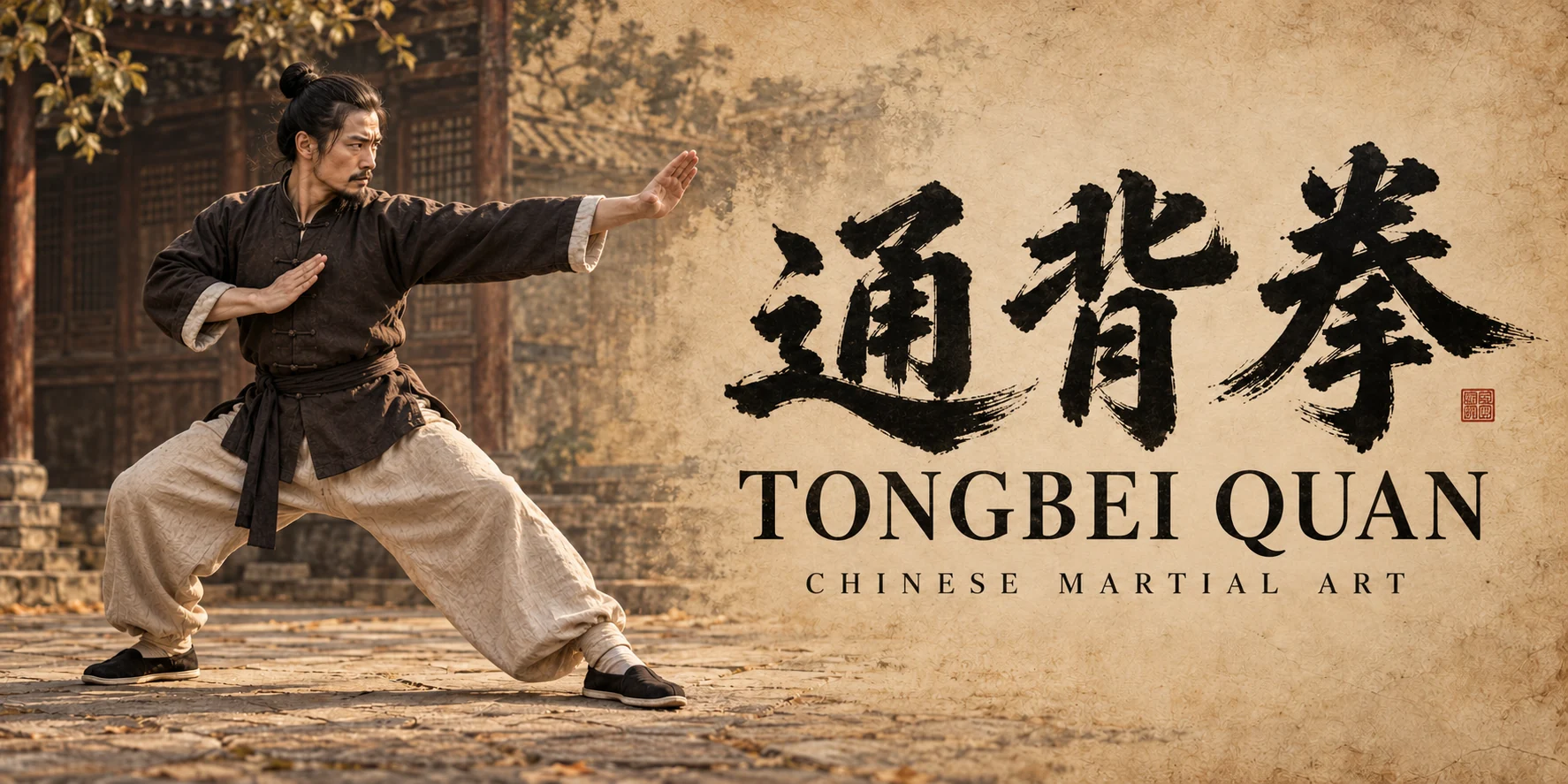 Original Tongbei Quan illustration with fictional practitioners, Chinese ink calligraphy and English lettering on warm paper.
